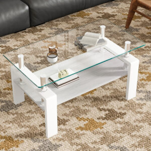 モダン長方形コーヒーテーブル（強化ガラス天板＋MDF収納棚/クリアガラス+ブラック脚）