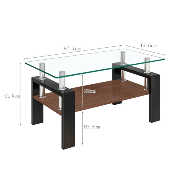 モダン長方形コーヒーテーブル（強化ガラス天板＋MDF収納棚/クリアガラス+ブラック脚）