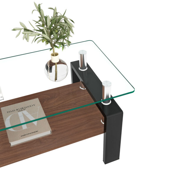 モダン長方形コーヒーテーブル（強化ガラス天板＋MDF収納棚/クリアガラス+ブラック脚）