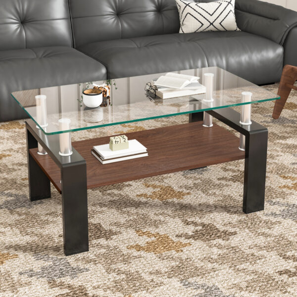 モダン長方形コーヒーテーブル（強化ガラス天板＋MDF収納棚/クリアガラス+ブラック脚）