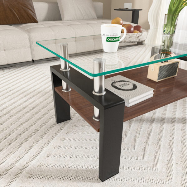モダン長方形コーヒーテーブル（強化ガラス天板＋MDF収納棚/クリアガラス+ブラック脚）
