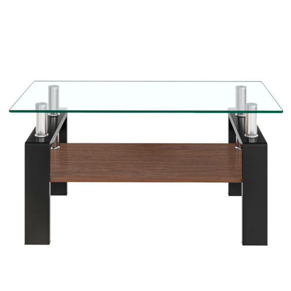 モダン長方形コーヒーテーブル（強化ガラス天板＋MDF収納棚/クリアガラス+ブラック脚）