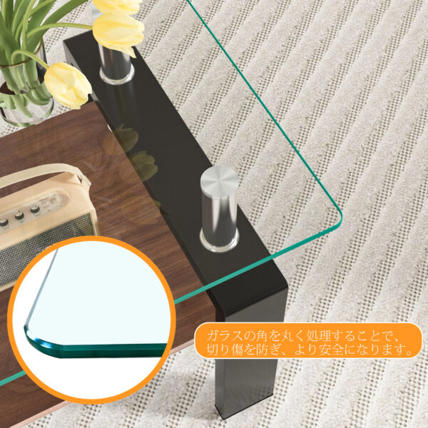 モダン長方形コーヒーテーブル（強化ガラス天板＋MDF収納棚/クリアガラス+ブラック脚）