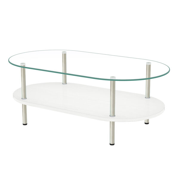 二段ラウンドコーヒーテーブル 強化ガラス天板+MDF収納棚 ミニマリストデザイン リビング専用  ホワイト