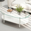 二段ラウンドコーヒーテーブル 強化ガラス天板+MDF収納棚 ミニマリストデザイン リビング専用  ホワイト