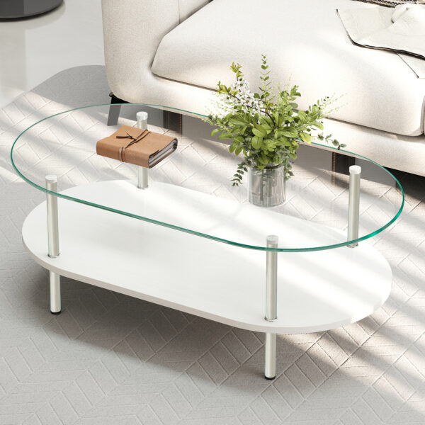 二段ラウンドコーヒーテーブル 強化ガラス天板+MDF収納棚 ミニマリストデザイン リビング専用  ホワイト