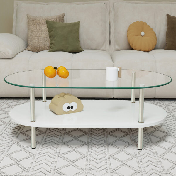 二段ラウンドコーヒーテーブル 強化ガラス天板+MDF収納棚 ミニマリストデザイン リビング専用  ホワイト