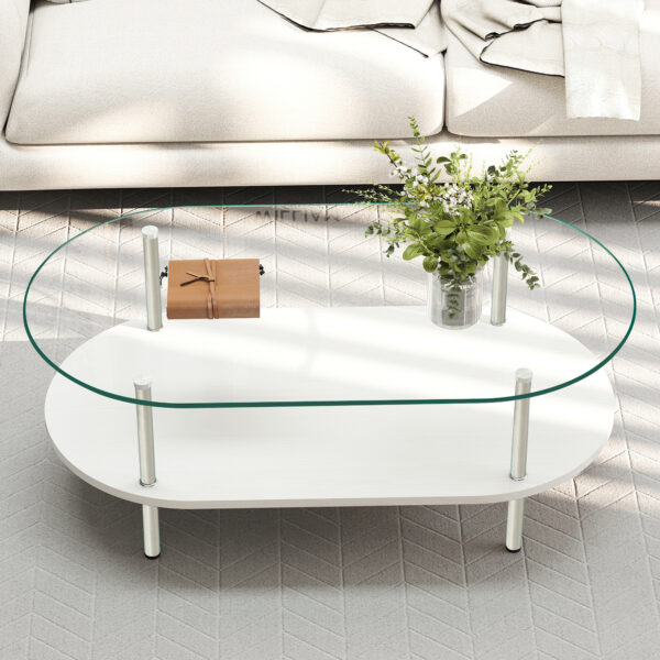 二段ラウンドコーヒーテーブル 強化ガラス天板+MDF収納棚 ミニマリストデザイン リビング専用  ホワイト