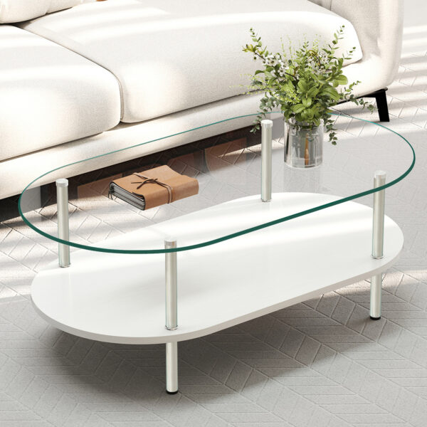 二段ラウンドコーヒーテーブル 強化ガラス天板+MDF収納棚 ミニマリストデザイン リビング専用  ホワイト