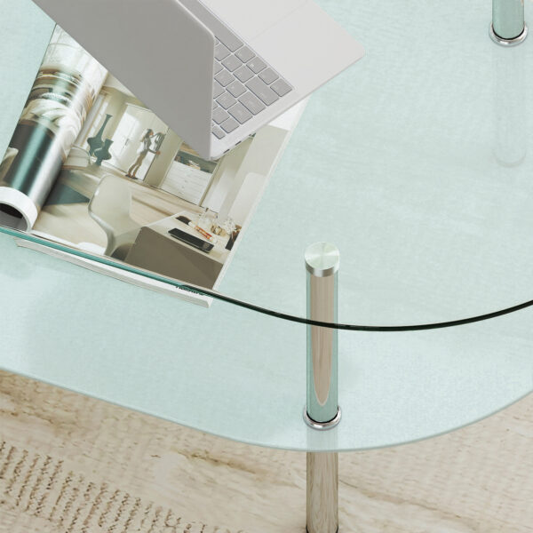 W770P366226 (10) 2段オーバルコーヒーテーブル 強化ガラス天板&収納棚 ミニマリストデザイン クリア