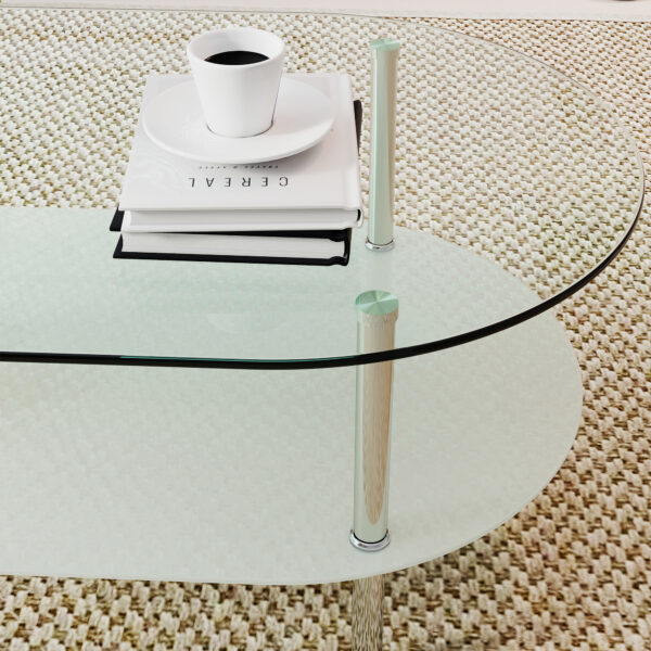 W770P366226 (12) 2段オーバルコーヒーテーブル 強化ガラス天板&収納棚 ミニマリストデザイン クリア