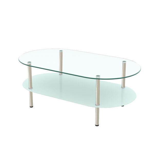 W770P366226 (2) 2段オーバルコーヒーテーブル 強化ガラス天板&収納棚 ミニマリストデザイン クリア