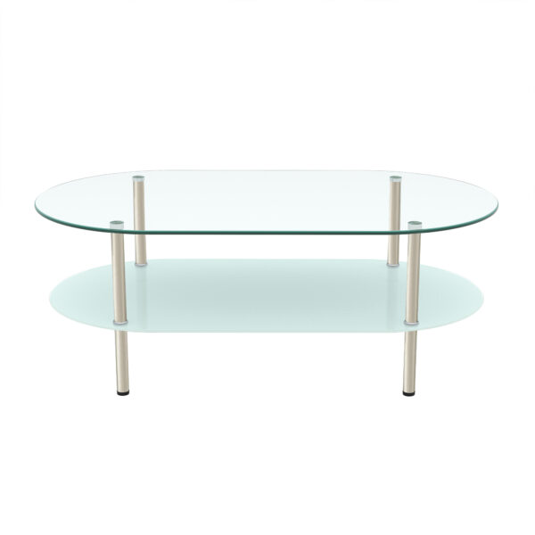 W770P366226 (3) 2段オーバルコーヒーテーブル 強化ガラス天板&収納棚 ミニマリストデザイン クリア