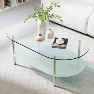 2段オーバルコーヒーテーブル 強化ガラス天板&収納棚 ミニマリストデザイン クリア