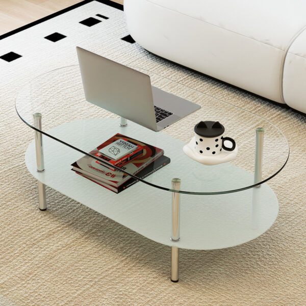W770P366226 (8) 2段オーバルコーヒーテーブル 強化ガラス天板&収納棚 ミニマリストデザイン クリア