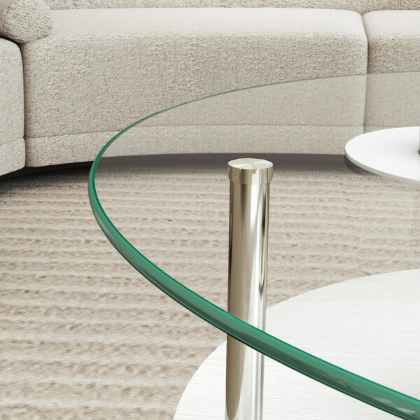 二段ラウンドコーヒーテーブル 強化ガラス天板+MDF収納棚 ミニマリストデザイン リビング専用 ホワイト