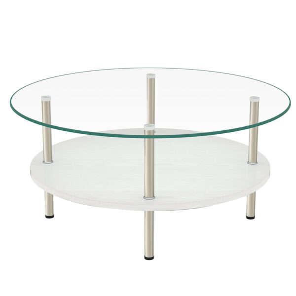 二段ラウンドコーヒーテーブル 強化ガラス天板+MDF収納棚 ミニマリストデザイン リビング専用 ホワイト