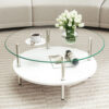 二段ラウンドコーヒーテーブル 強化ガラス天板+MDF収納棚 ミニマリストデザイン リビング専用 ホワイト