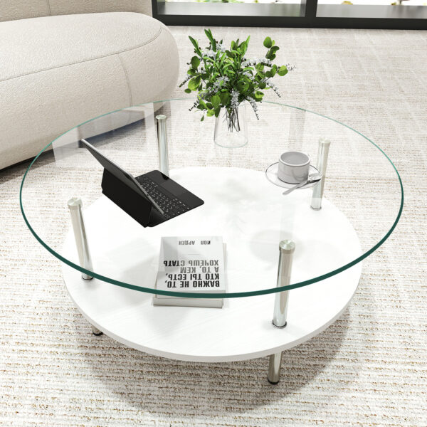 二段ラウンドコーヒーテーブル 強化ガラス天板+MDF収納棚 ミニマリストデザイン リビング専用 ホワイト