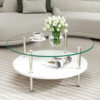 二段ラウンドコーヒーテーブル 強化ガラス天板+MDF収納棚 ミニマリストデザイン リビング専用 ホワイト