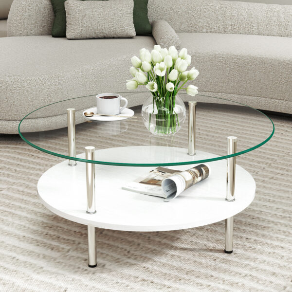 二段ラウンドコーヒーテーブル 強化ガラス天板+MDF収納棚 ミニマリストデザイン リビング専用 ホワイト