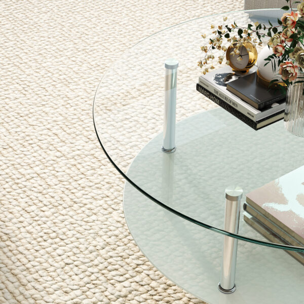 二段ラウンドコーヒーテーブル 強化ガラス天板+型くずれガラス収納棚 ミニマリストデザイン リビング専用 クリア