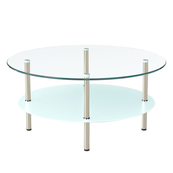 二段ラウンドコーヒーテーブル 強化ガラス天板+型くずれガラス収納棚 ミニマリストデザイン リビング専用 クリア