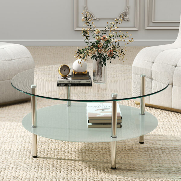 二段ラウンドコーヒーテーブル 強化ガラス天板+型くずれガラス収納棚 ミニマリストデザイン リビング専用 クリア
