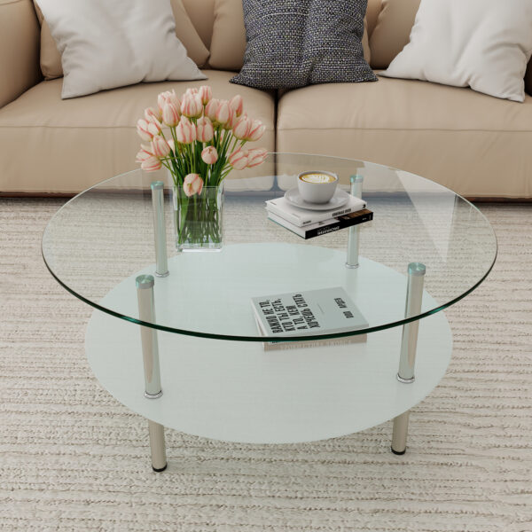 二段ラウンドコーヒーテーブル 強化ガラス天板+型くずれガラス収納棚 ミニマリストデザイン リビング専用 クリア