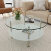 二段ラウンドコーヒーテーブル 強化ガラス天板+型くずれガラス収納棚 ミニマリストデザイン リビング専用 クリア