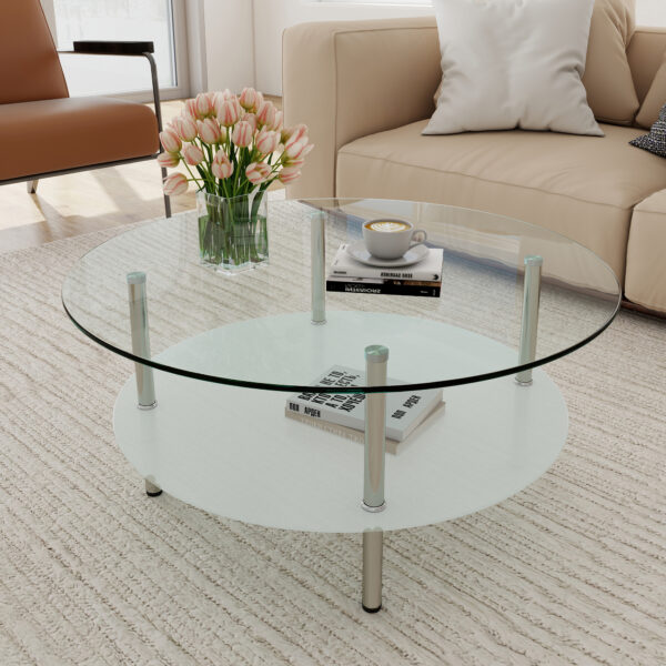 二段ラウンドコーヒーテーブル 強化ガラス天板+型くずれガラス収納棚 ミニマリストデザイン リビング専用 クリア