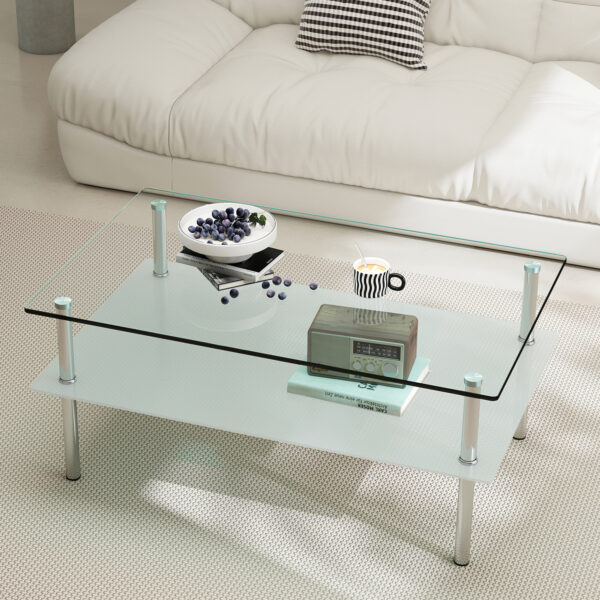 強化ガラス ロングコーヒーテーブル 2段収納 ミニマリストデザイン 透明 リビングテーブル