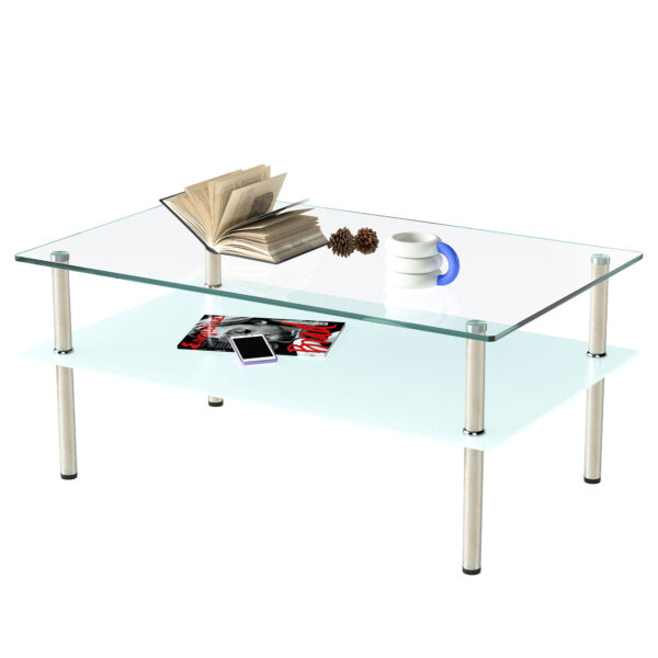 強化ガラス ロングコーヒーテーブル 2段収納 ミニマリストデザイン 透明 リビングテーブル