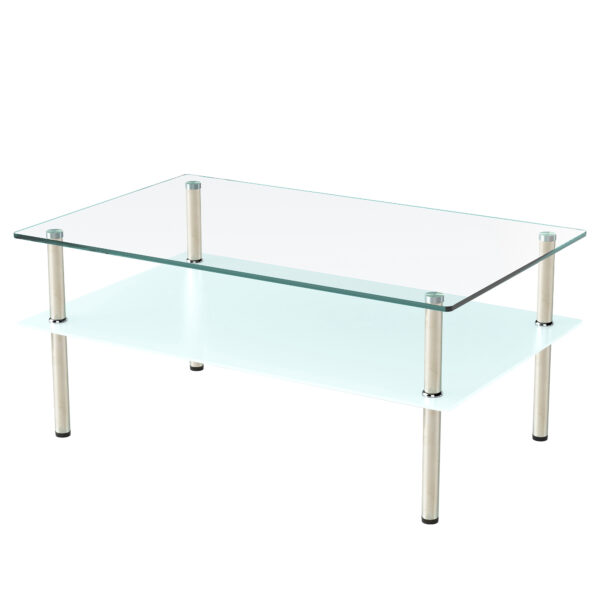 強化ガラス ロングコーヒーテーブル 2段収納 ミニマリストデザイン 透明 リビングテーブル