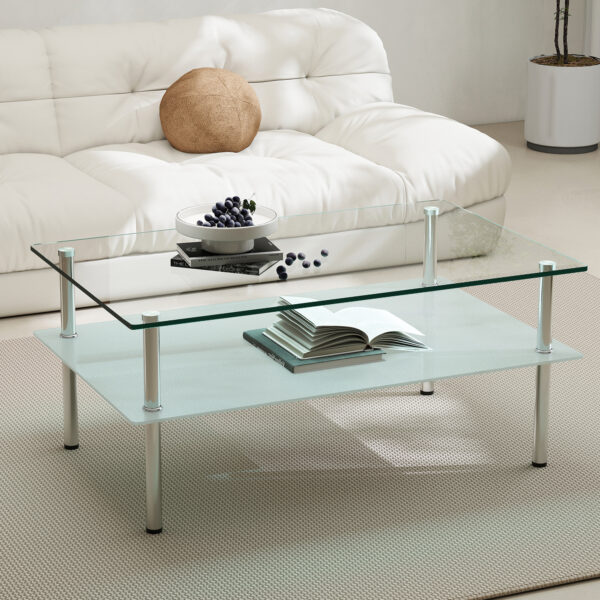 強化ガラス ロングコーヒーテーブル 2段収納 ミニマリストデザイン 透明 リビングテーブル