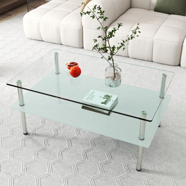 強化ガラス ロングコーヒーテーブル 2段収納 ミニマリストデザイン 透明 リビングテーブル