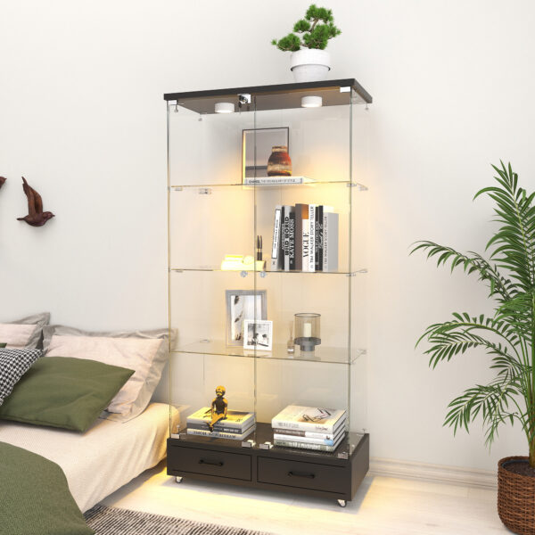 【LED&ロック付き】ガラス収納キャビネット 両開きドア・引き出し付き 強化ガラス4段展示ケース リビング寝室用
