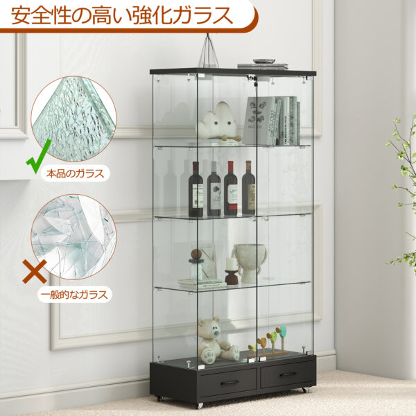 LED&ロック付き】ガラス収納キャビネット 両開きドア・引き出し付き