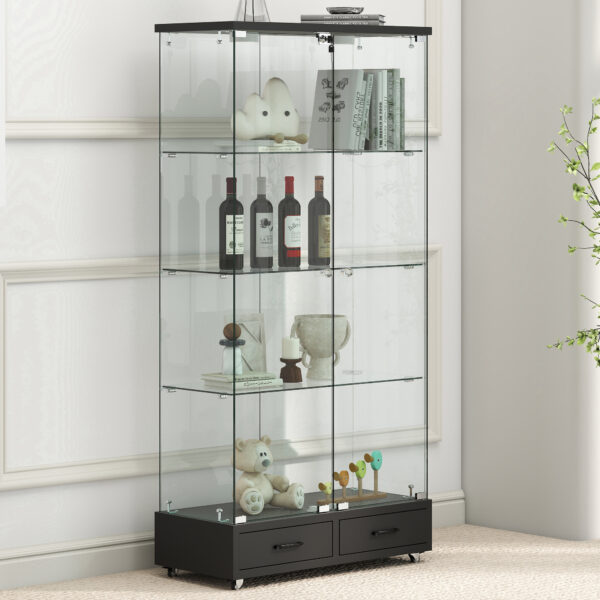 【LED&ロック付き】ガラス収納キャビネット 両開きドア・引き出し付き 強化ガラス4段展示ケース リビング寝室用