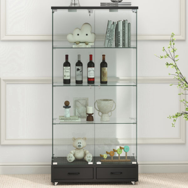 【LED&ロック付き】ガラス収納キャビネット 両開きドア・引き出し付き 強化ガラス4段展示ケース リビング寝室用