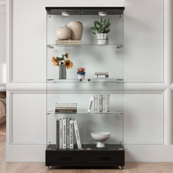 【LED&ロック付き】ガラス収納キャビネット 両開きドア・引き出し付き 強化ガラス4段展示ケース リビング寝室用