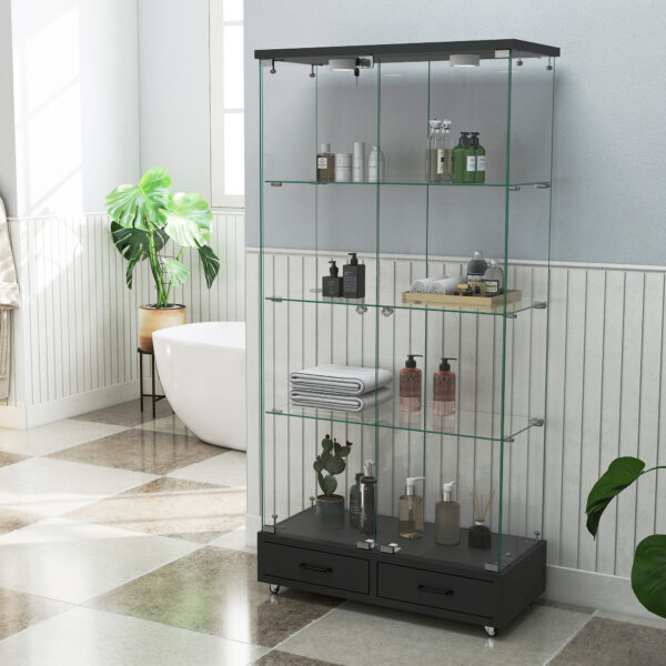 【LED&ロック付き】ガラス収納キャビネット 両開きドア・引き出し付き 強化ガラス4段展示ケース リビング寝室用