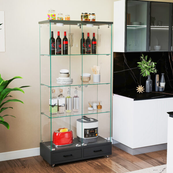 【LED&ロック付き】ガラス収納キャビネット 両開きドア・引き出し付き 強化ガラス4段展示ケース リビング寝室用