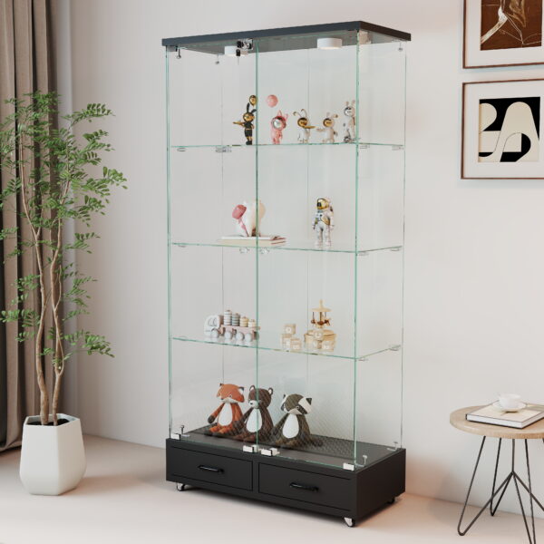 【LED&ロック付き】ガラス収納キャビネット 両開きドア・引き出し付き 強化ガラス4段展示ケース リビング寝室用