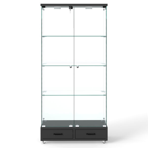 【LED&ロック付き】ガラス収納キャビネット 両開きドア・引き出し付き 強化ガラス4段展示ケース リビング寝室用