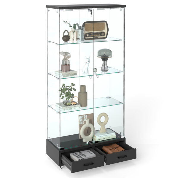 【LED&ロック付き】ガラス収納キャビネット 両開きドア・引き出し付き 強化ガラス4段展示ケース リビング寝室用